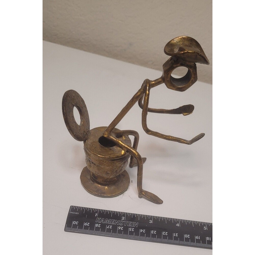 Vintage Metal FOLK ART Sculpture - Found Object Industrial COWBOY On Toilet